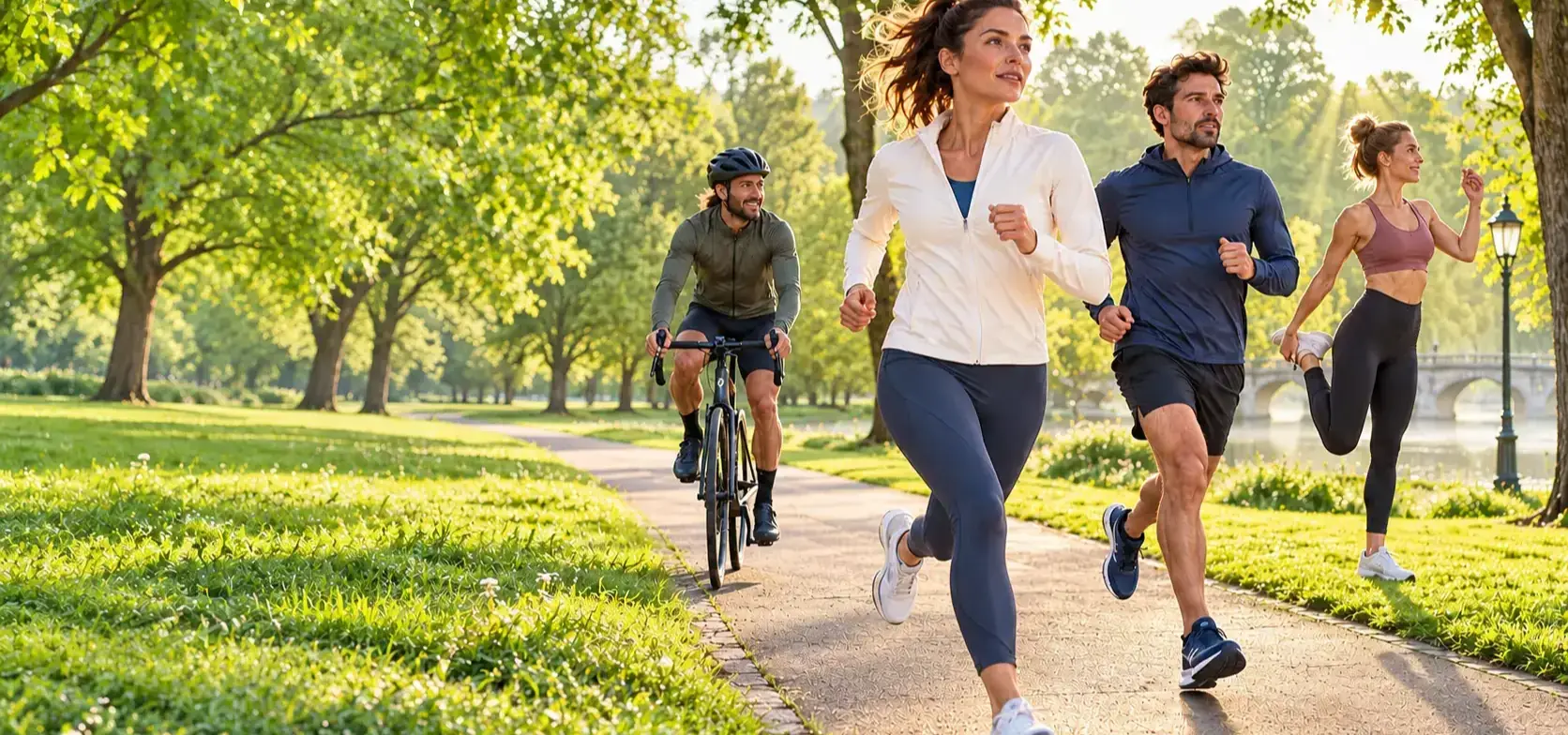 People running and cycling in a green park